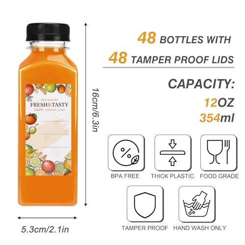 12 oz Plastic Juice Bottles Set with Caps, Labels & Brush - 48 Pack (Variation: 12oz-48bottles)