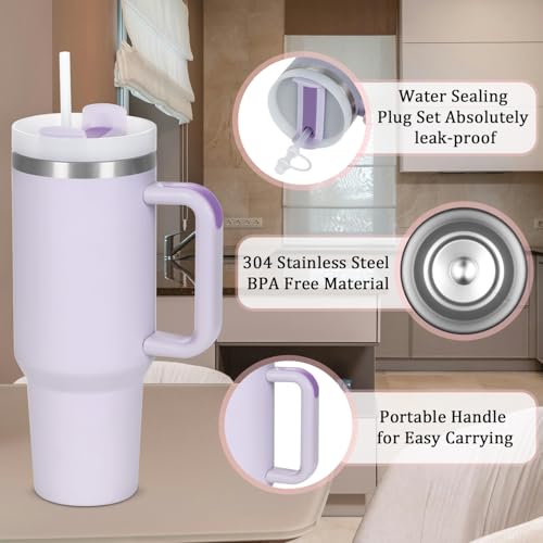 Temolulu 4 Pack 40 Oz Stainless Steel Tumbler with Handle & Lid - Cream, Purple, Green, Rose Quartz
