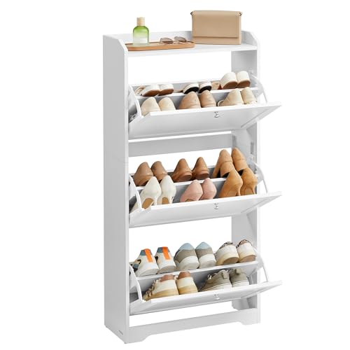 VASAGLE Cloud White Shoe Storage Cabinet with 3 Flip Drawers, Slim 9.5"D x 23.6"W x 47.7"H, Holds 12-20 Pairs