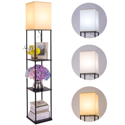 Black Floor Lamp with Shelves - Modern Corner Standing Bookcase & Lighting