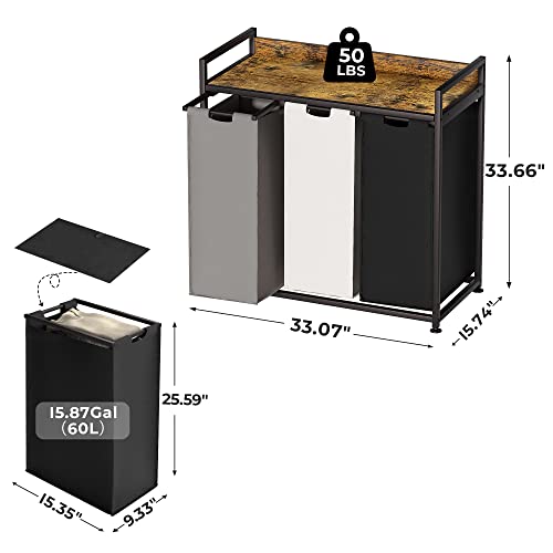 Herture 3-Bag Laundry Sorter with Shelves, 60L Capacity, Rustic Brown - Removable Bags & Wheels