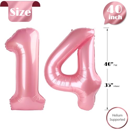 Pearlescent Pink Number 14 Balloons 40 inch, 14 Number Balloons, 14th Birthday Decorations for Girls 14 Year Old Pastel Pink Party Supplies