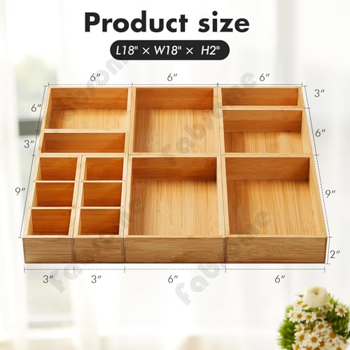Fabsome Bamboo Drawer Organizer Set of 9 - 2''H Small Wooden Storage Bins for Kitchen, Bathroom, Office, Makeup, and Utensils