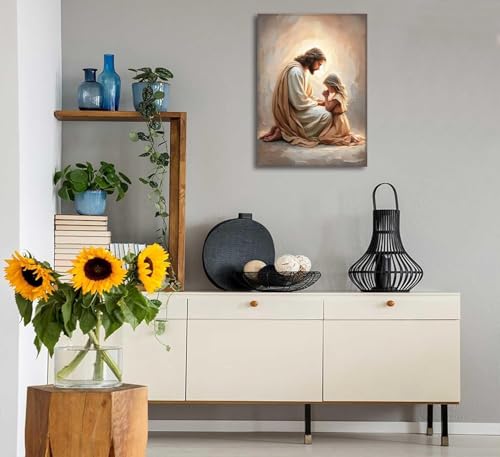 EFGETTPD Jesus Praying with Girl Canvas Wall Art 36x24 in Religious Decor