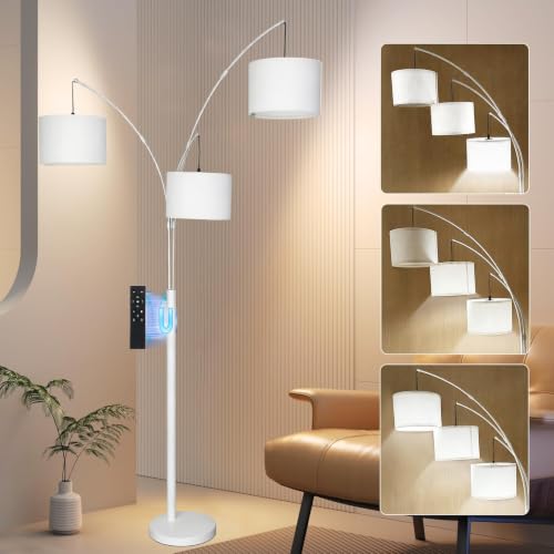 White Dimmable Arc Floor Lamp with Remote Control - Tall LED Standing Light