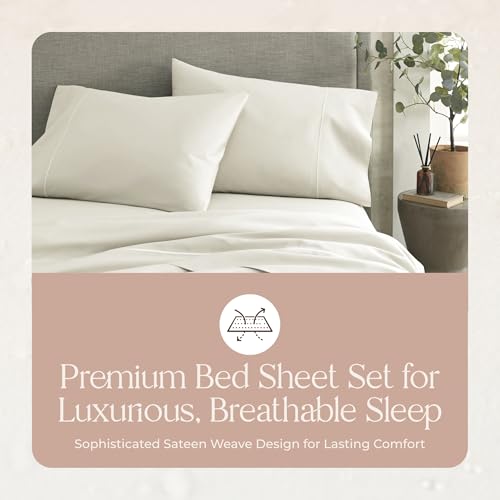 Queen Organic Cotton Bed Sheets Set - Natural, Deep Pocket, 4 Piece