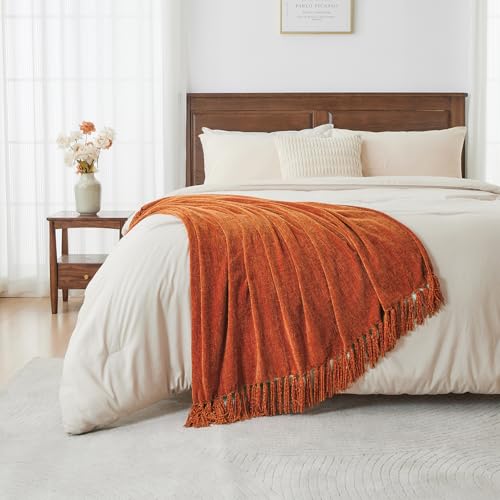 Chenille Throw Blanket 50x60 Inches - Rust Orange Fringe Accent