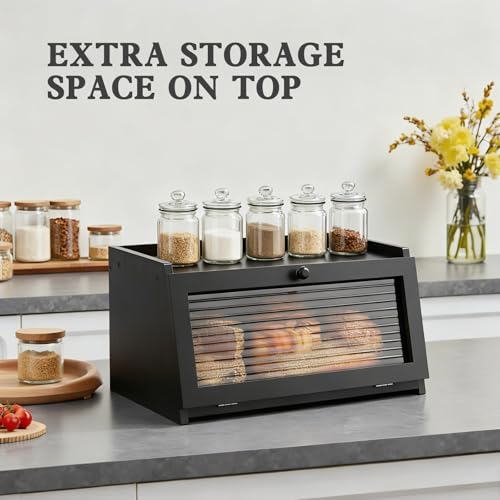 Black 1-Tier Bread Box for Kitchen Countertop - Natural Pine & Acrylic Window