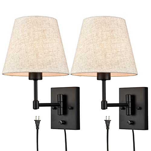 Black Swing Arm Wall Sconce Set of Two - Modern Plug-in Wall Lights with Shade for Bedroom & Living Room - Variation: Black