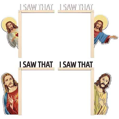 Soaoo 4 Pcs I Saw That Jesus Sign Christmas Frame Decor Funny Door Corner Decor Wood Frame Jesus Sign Door Corner Decorations for Christian Lovers Living Room Bedroom Office