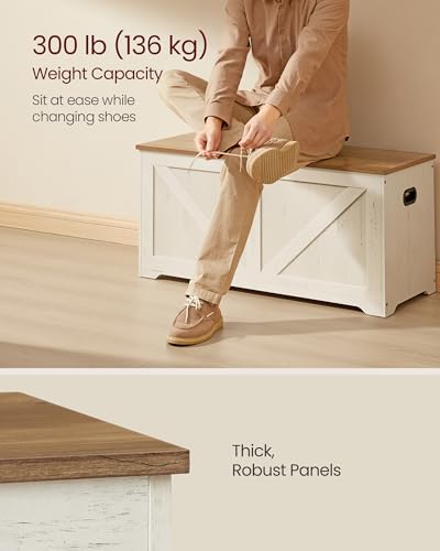 VASAGLE Farmhouse Storage Chest with Safety Hinges - Honey Brown + Rustic White, 39.4"W x 18.1"H