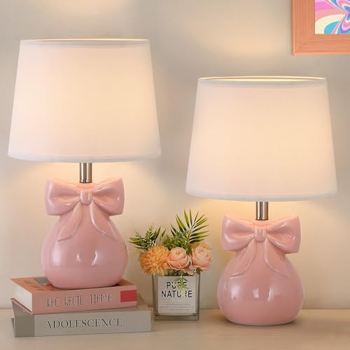 Pink 2 Pack 19-Inch Cute Bow Table Lamps Set for Girl's Room & Bedroom - Modern Ceramic Design