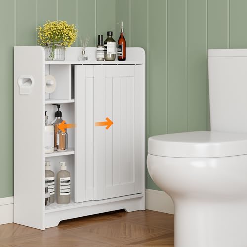 Slim Bathroom Floor Cabinet with Sliding Door - White Storage Organizer