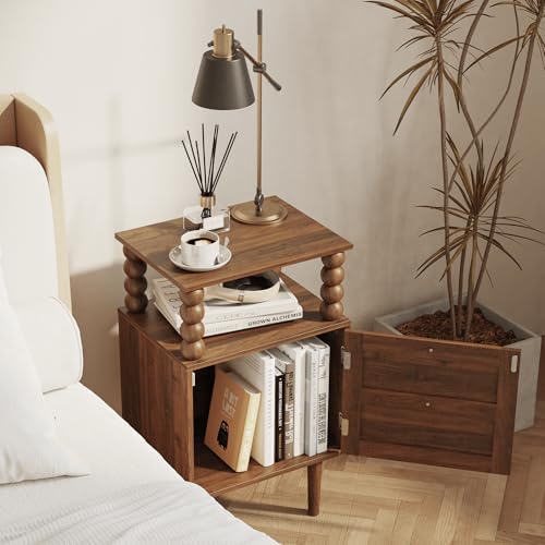 Veegle Retro Nightstand with Drawer - Walnut Brown Vintage Bedside Table
