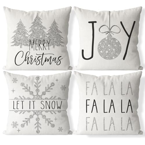 AOFANGGO Christmas Pillow Covers 18x18 Set of 4 Silver Holiday