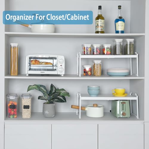 White 2-Pack Expandable Kitchen Cabinet Shelves Organizer, Adjustable & Stackable Storage Rack