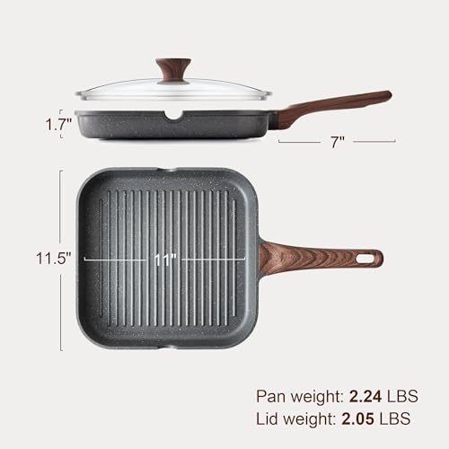 Gray Granite 11 Inch Nonstick Grill Pan with Lid - Square Indoor Outdoor Griddle
