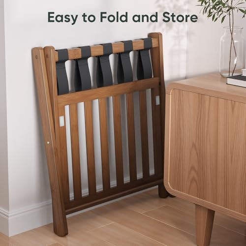 Dark Walnut Luggage Rack with Folding Storage Shelf - 26.77" Fully Assembled