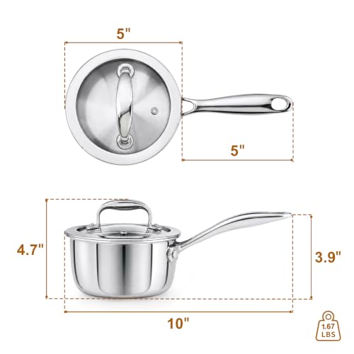 KC-Emier 0.5 Quart Silver Mini Sauce Pan with Lid, Stay-Cool Handle, All Cooktop