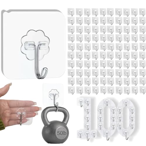 Transparent 100 Pack Heavy Duty Self Adhesive Hooks - Supports 50 lbs, Reusable Wall Hooks for Kitchen, Bathroom, Office, Outdoor