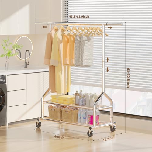 Silver Heavy Duty Clothes Rack with 2 Shelves, Adjustable Height & Wheels, 556 lbs Capacity