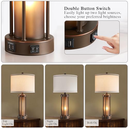 Set of 2 Rustic Farmhouse Table Lamps with USB Charging Ports - Brown