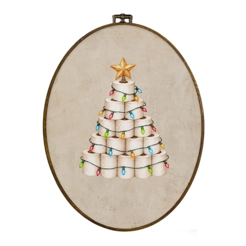 Vintage Christmas Toilet Paper Tree Wall Art - Framed Oval Canvas, 11.3x8.7 inch