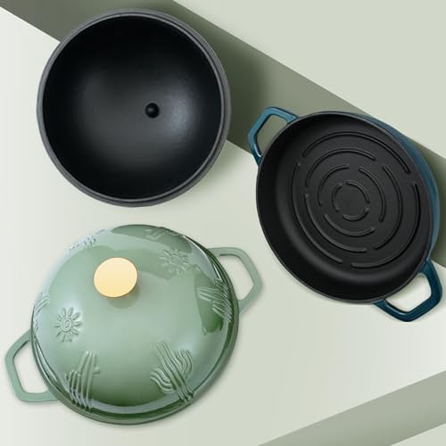 Dark Cyan Cast Iron Bread Oven with Cloche Lid - 9.8 Inch Dutch Oven for Sourdough Baking