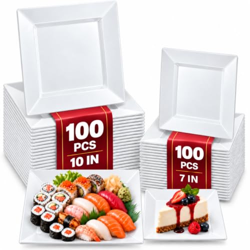 White Square Disposable Plastic Plates 200 Pack for Parties & Events
