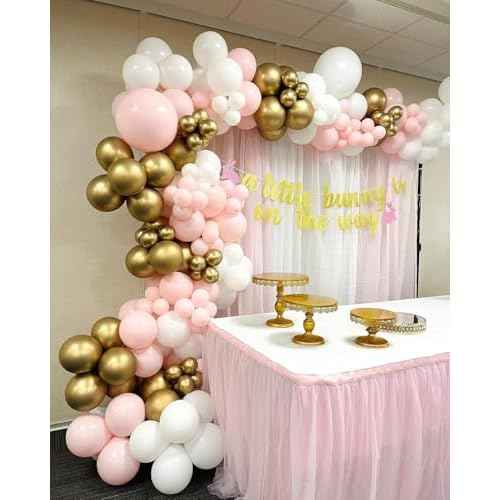 Pink and White Gold Balloon Arch Garland Kit 153pcs with Star, 22 18 12 10 5in Different Size Pink white Metallic Gold Confetti Balloons for Birthday Baby Shower Wedding Party Decorations