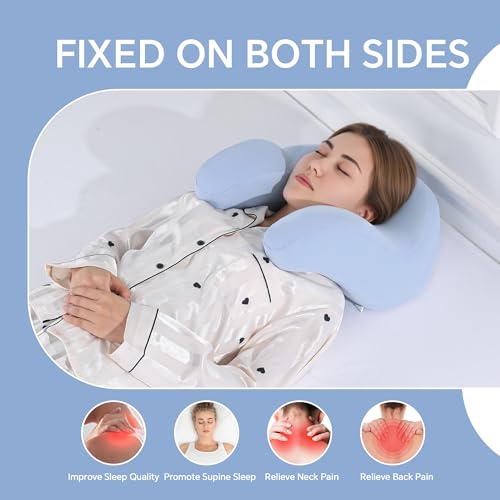 Back Sleeping Training Pillow with Memory Foam & Adjustable Height - Neck & Shoulder Support, 2 Washable Covers, Blue