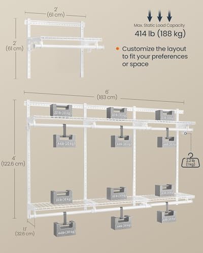 SONGMICS HOME 3-Tier Closet System Insert Organizer for 4-8 ft Wardrobes