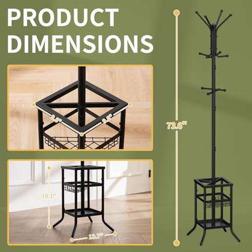 Black Yoobure Freestanding Coat Rack with Umbrella Holder, 12 Hooks, Modern Entryway Stand