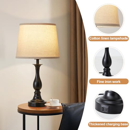 Black Touch Lamps for Nightstand Set of 2 with USB-C & USB-A Ports
