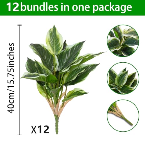 Green 12-Pack Artificial Hostas for Outdoor Planters - Realistic Faux Plants