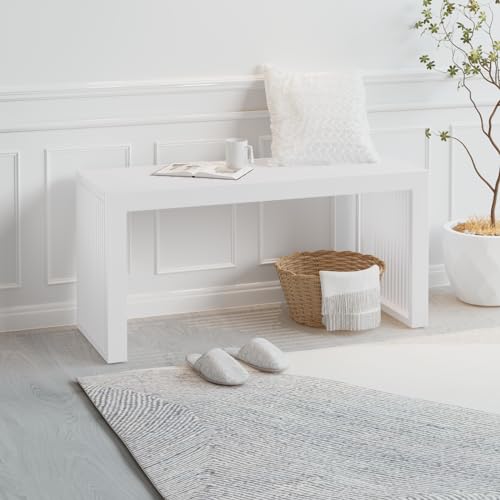 APRTAT White 35.4-inch Bamboo Entryway Bench with Rustic Farmhouse Style