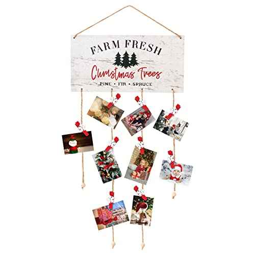 Christmas Card Holder Farm Fresh Wall Hanging Card Display Picture Holder with 30pcs Snowflake Wooden Clips for DIY Christmas Cards Photos Craft Home Office Wall Decor