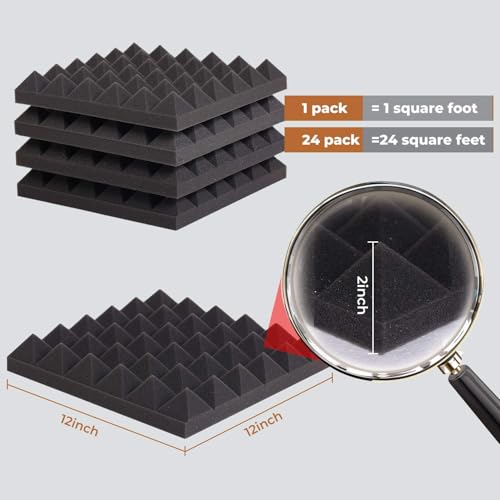 24 Pack Pyramid Acoustic Foam Panels - 12x12x2 Inches Soundproof Wall Panels - No Adhesive