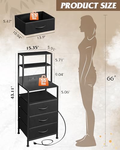 WLIVE 1 Piece Black Tall Nightstand with Charging Station & LED Lights, 3 Fabric Drawers & Open Shelves