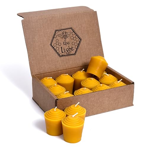 BeeTheLight 12-Pack 100% Pure Beeswax Votive Candles, Natural Yellow, Unscented, USA-Sourced