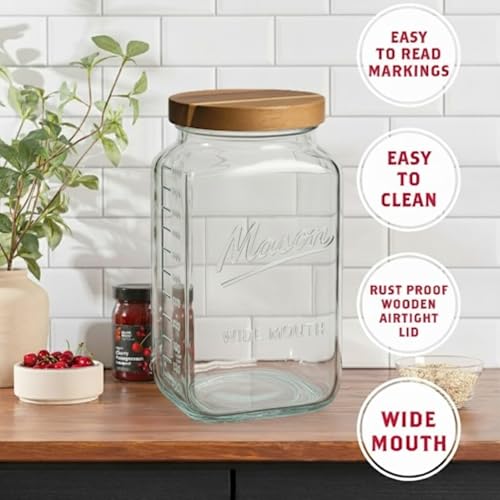 2 Gallon Glass Mason Jar with Airtight Wooden Lid - Square Food Storage Container