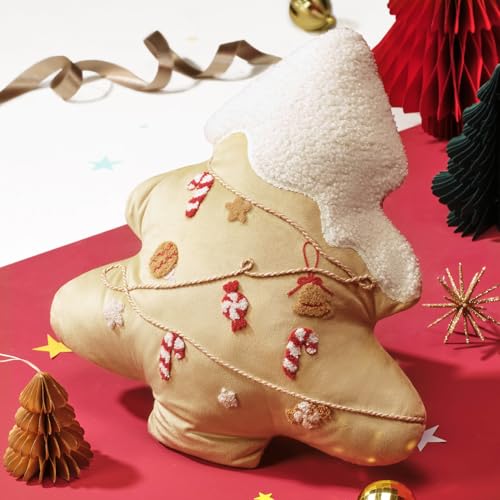 Beige Ashler Christmas Tree-Shaped Pillow with Embroidery, 19x17 Inches