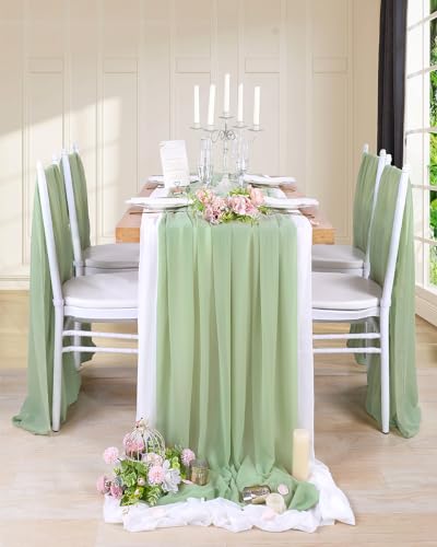 Sage Green Table Runner 27x120in Chiffon 1pc with White Ribbon – 10ft Wedding Decor