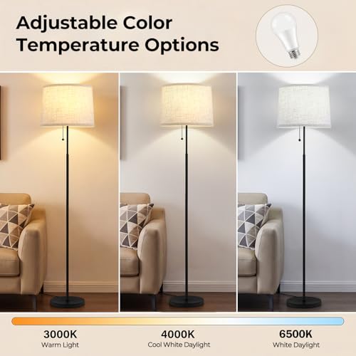 Tall Floor Lamp with Linen T-Shades & Black Pole - Modern 60-Inch Standing Light with 3 CCT Modes