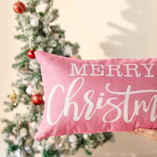 DFXSZ Christmas Pillow Cover 12x20 Merry Christmas Decor Pink Throw Lumbar Pillow Cover Decorations Christmas Tree Holiday Decor Case for Home Couch YZT102B12