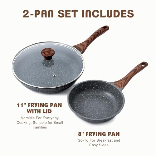 SENSARTE Nonstick Frying Pans Set 8 & 11 Inch with Lid, Gray, Cast Aluminum