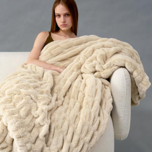 Cozy Bliss Double-Sided Soft Faux Fur Throw Blanket,60"x80", Beige