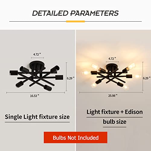 Semi Flush Mount Ceiling Light Fixture - Black Sputnik Chandelier with 6 E26 Bulb Base - Modern Farmhouse Style