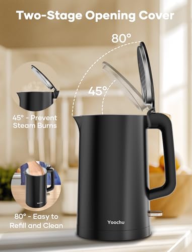 Yoochu Black Double Wall 1.7L Electric Kettle 1500W Safe Touch Water Boiler