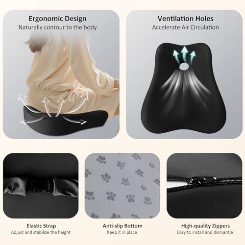Black Lumbar Support Pillow & Seat Cushion Set for Office Chair